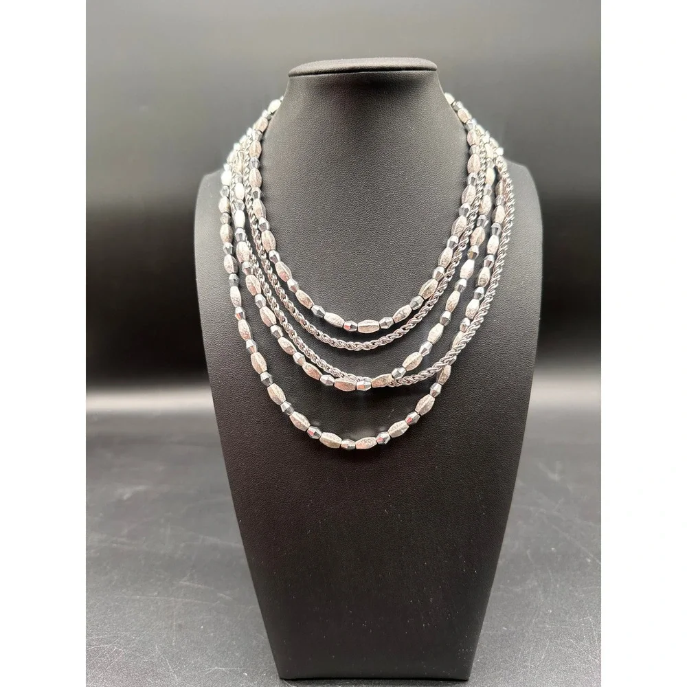 Vintage Trifari Silver Tone Multi Strand Beaded ‎ Chain Statement Necklace 16